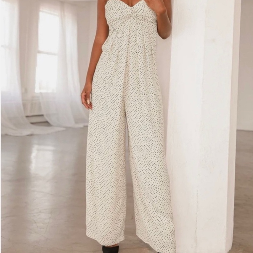 Lulus Jumpsuit Women Medium Ivory Polka Dot Wide Leg Loose Sweetheart Romantic